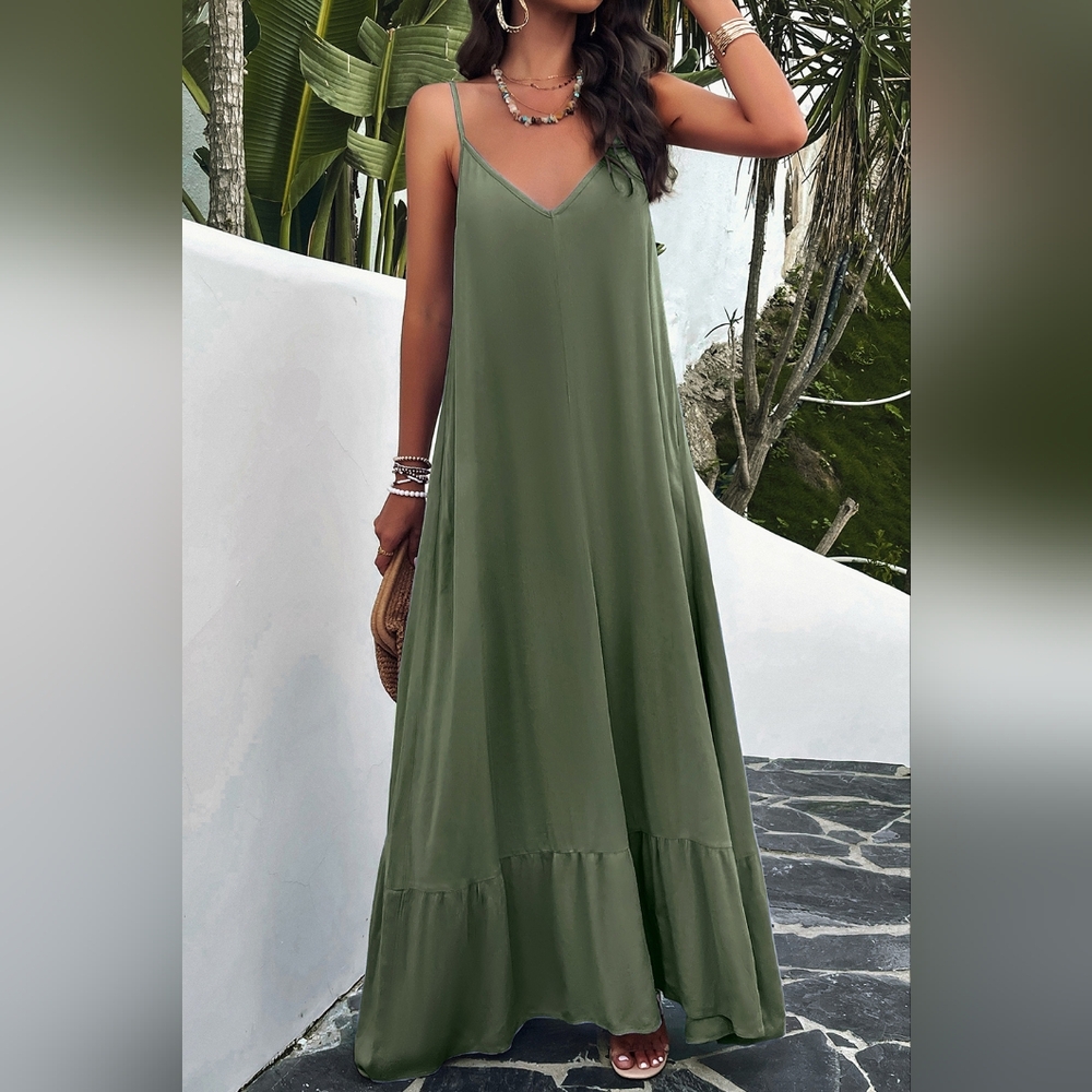 Oversized Pocket Casual Sleeveless V-Neck Low Back Long Summer Maxi Dress - Picture 5 of 12